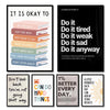 A set of five inspirational quotes on canvas wall art featuring text like It Is Okay to Be Yourself and Do It Tired