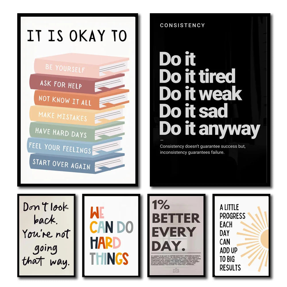 A set of five inspirational quotes on canvas wall art featuring text like It Is Okay to Be Yourself and Do It Tired