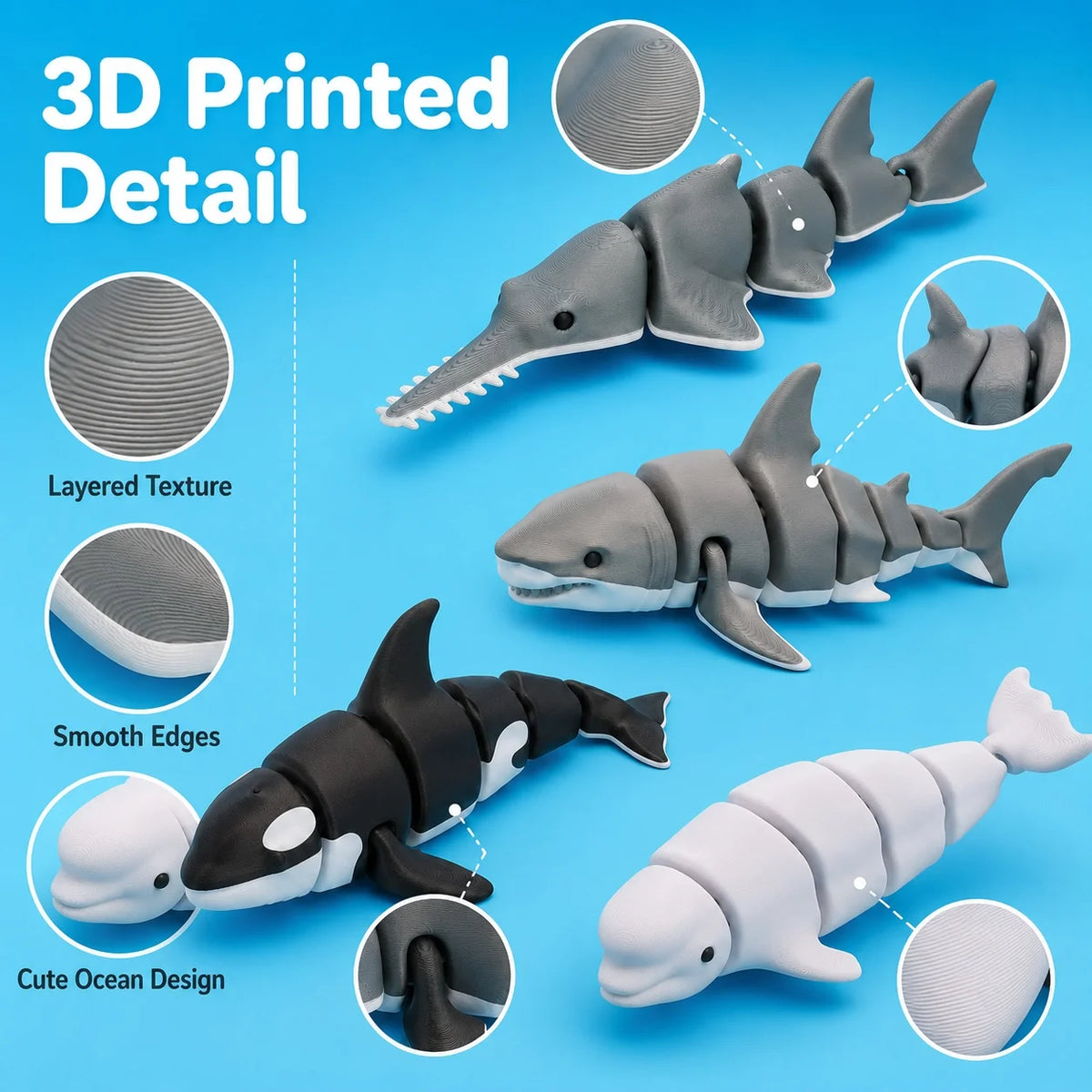 3D printed detail of an articulated ocean animal figurine set showing various textures and designs.