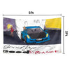 A tapestry featuring a blue sports car and text that reads Goodbye & Good Riddance