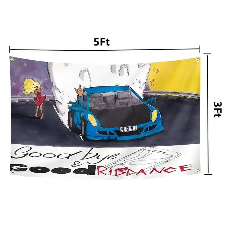 A tapestry featuring a blue sports car and text that reads Goodbye & Good Riddance