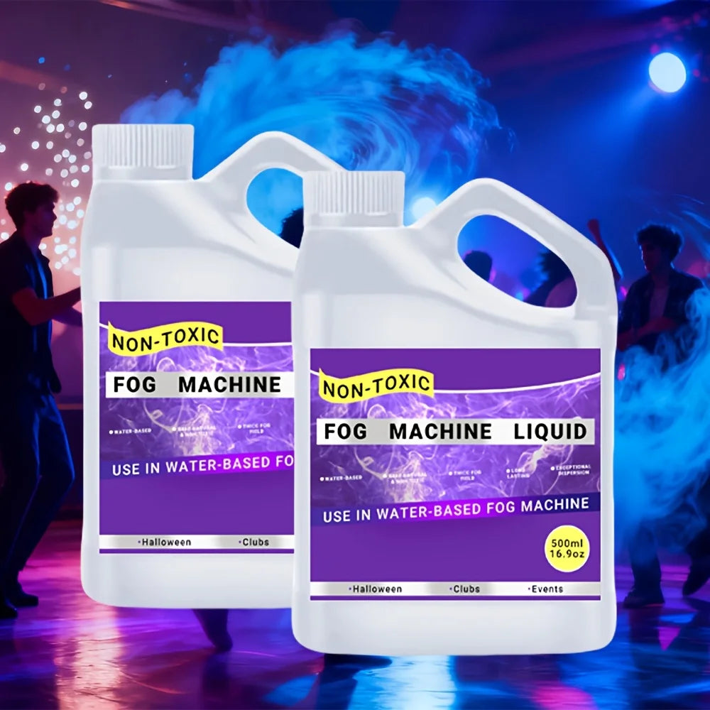 A white liquid bottle labeled Fog Machine Liquid is shown in a dark, atmospheric setting with blue lighting and fog effects.