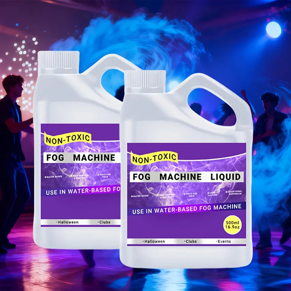 A white plastic bottle of non-toxic fog machine liquid is displayed against a dark, smoky background.