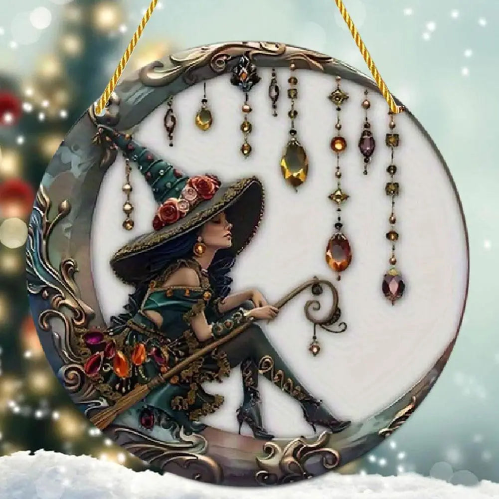 Moonlight witch stained glass window decor featuring a figure in a witch hat and dark clothing surrounded by hanging glass be