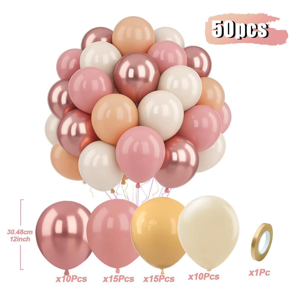 A cluster of 50 latex balloons in pastel shades of pink, purple, and white for party decorations.