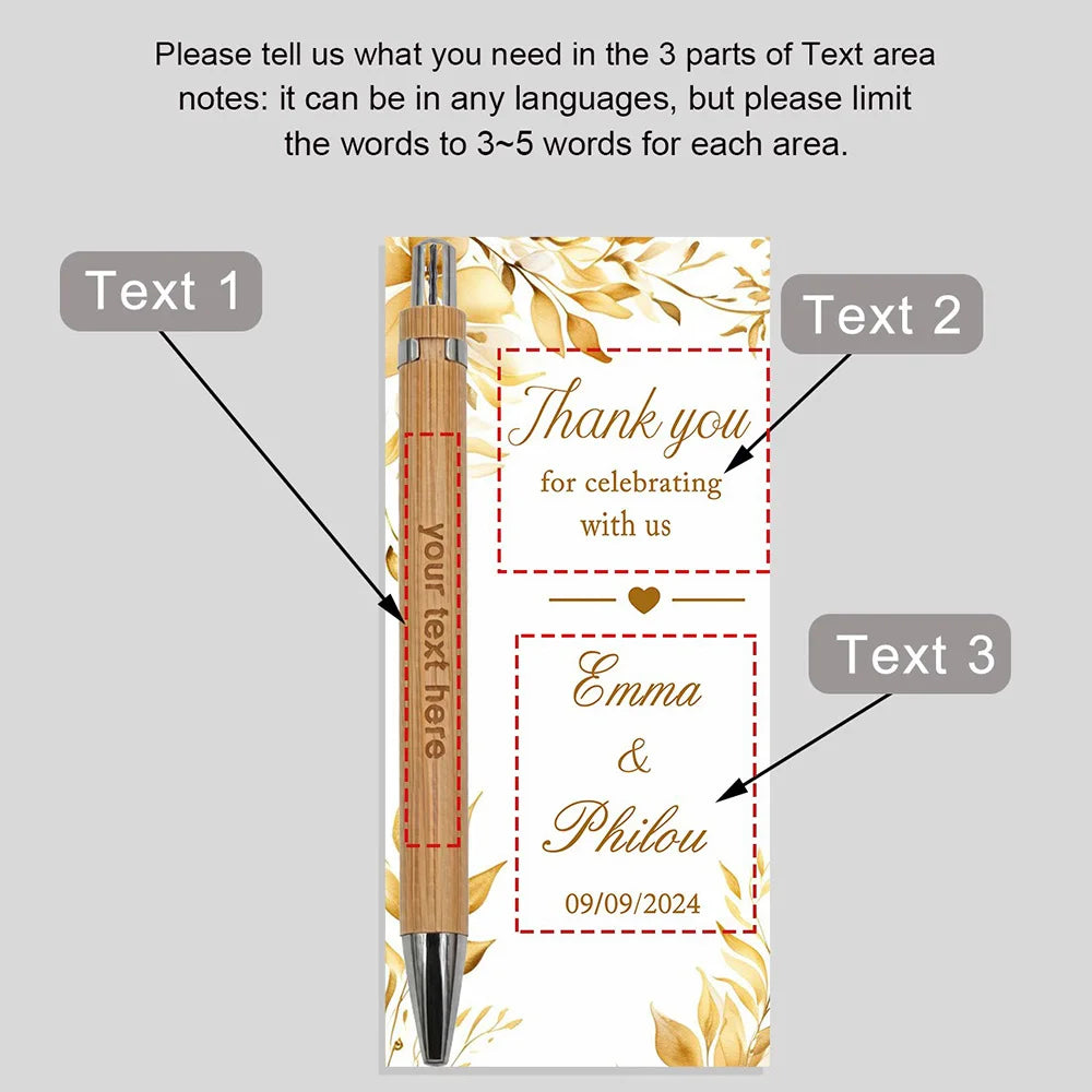 A set of personalized engraved bamboo pens with thank you cards featuring a message and names