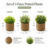 Set of three faux potted plants in woven baskets, featuring various green foliage.