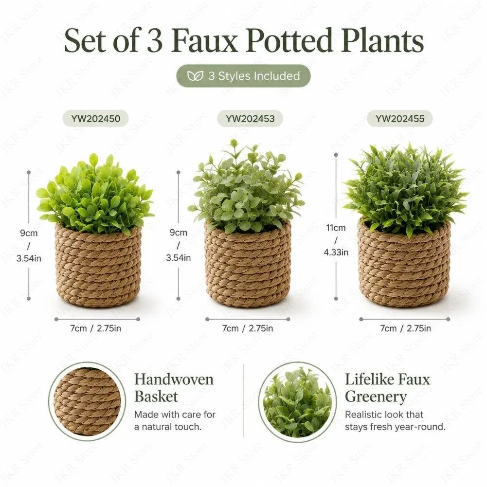 Set of three faux potted plants in woven baskets, featuring various green foliage.