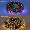 A comparison of multicolor and warm white LED string lights, showing different light modes and brightness.