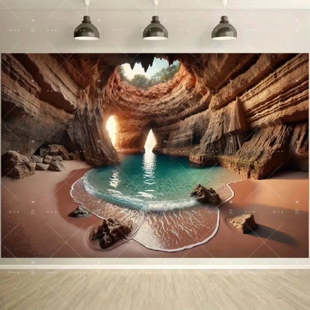 A dramatic interior view of a cave with turquoise water and natural rock formations.