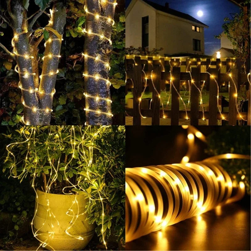 Various examples of solar-powered LED rope lights used for outdoor decoration and lighting.