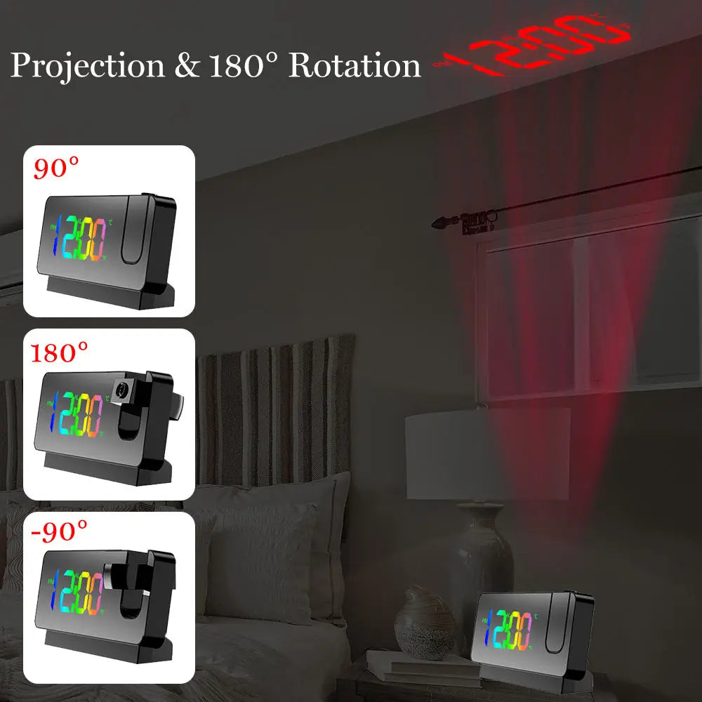 A rotatable projection alarm clock showing 90, 180, and -90 degree projection angles with a large LED display.