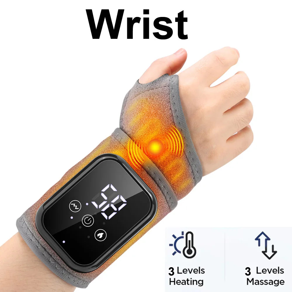 A hand wearing a black wrist device that provides heating and massage therapy.