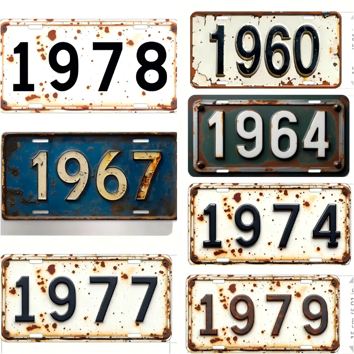 A collection of vintage aluminum license plates showing various years like 1960, 1964, 1967, 1978, 1974, 1977, and 1979.