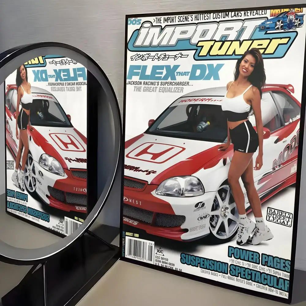 A canvas poster featuring a red and white Honda Civic race car, titled Import Tuner Flex That DX.