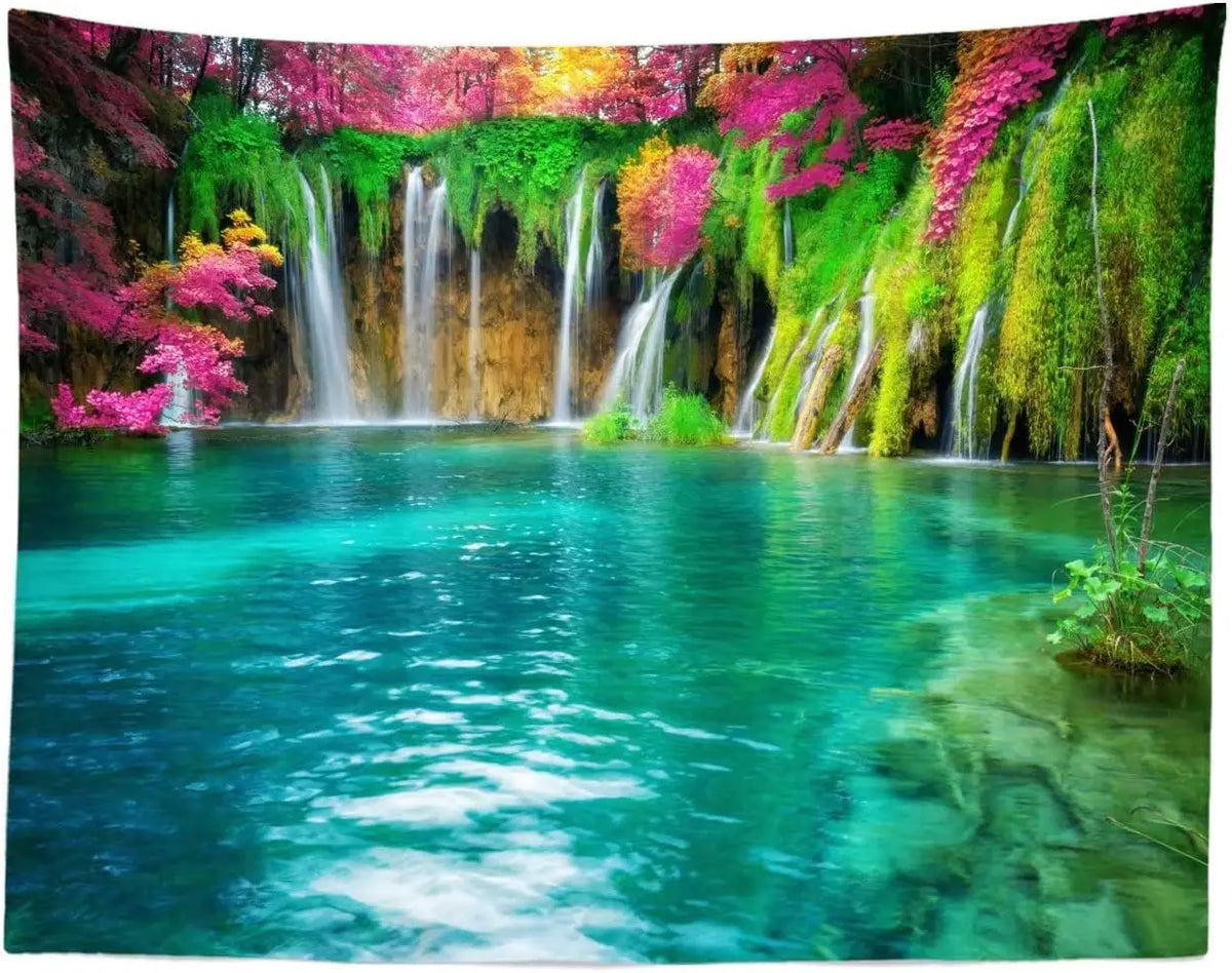 A panoramic tapestry featuring lush green and pink waterfalls cascading down a cliff face into a vibrant turquoise pool.