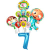 A set of cartoon Cocomelon watermelon foil balloons featuring characters and a large number 7