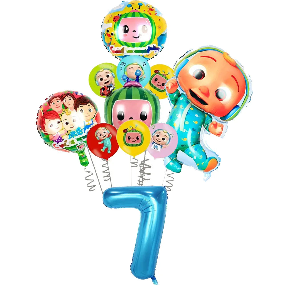 A set of cartoon Cocomelon watermelon foil balloons featuring characters and a large number 7