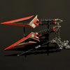 A full-size replica katana prop with a red and black design is displayed on a dark surface.