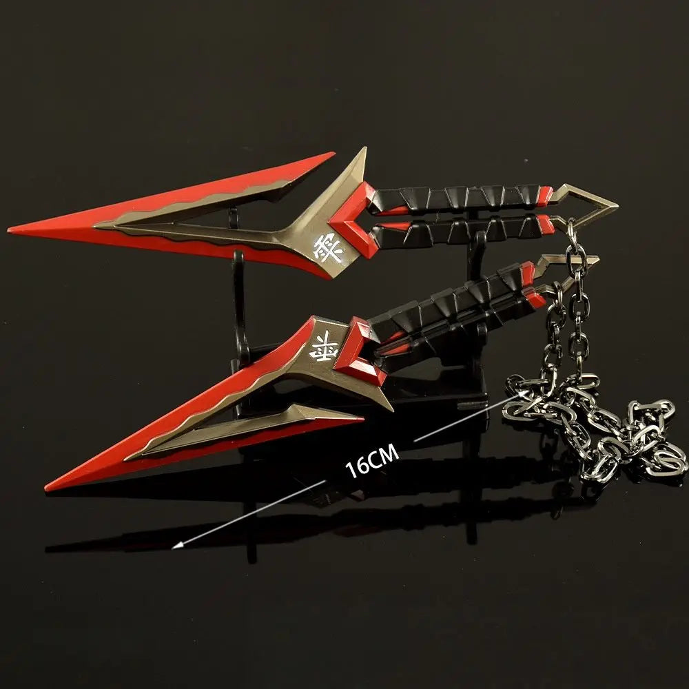 A full-size replica katana prop with a red and black design is displayed on a dark surface.