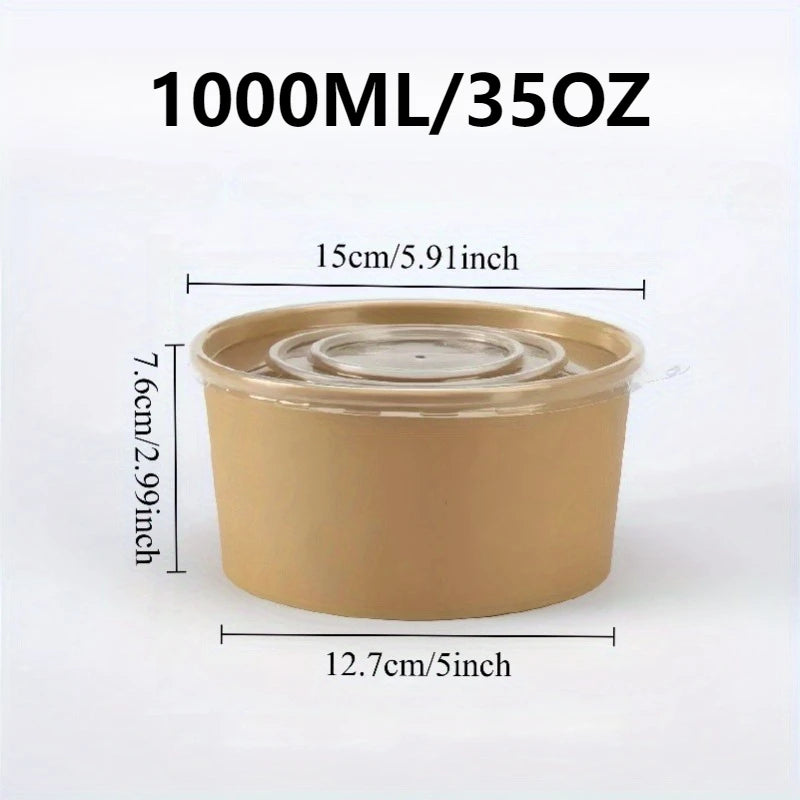 A disposable kraft paper lunch bowl with a clear lid shown against a white background.