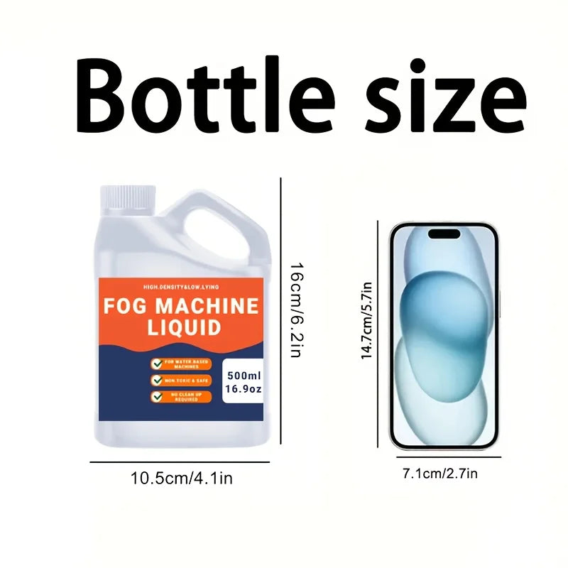 A clear bottle of fog machine liquid with a white pump and a black label, shown next to a smartphone for scale.