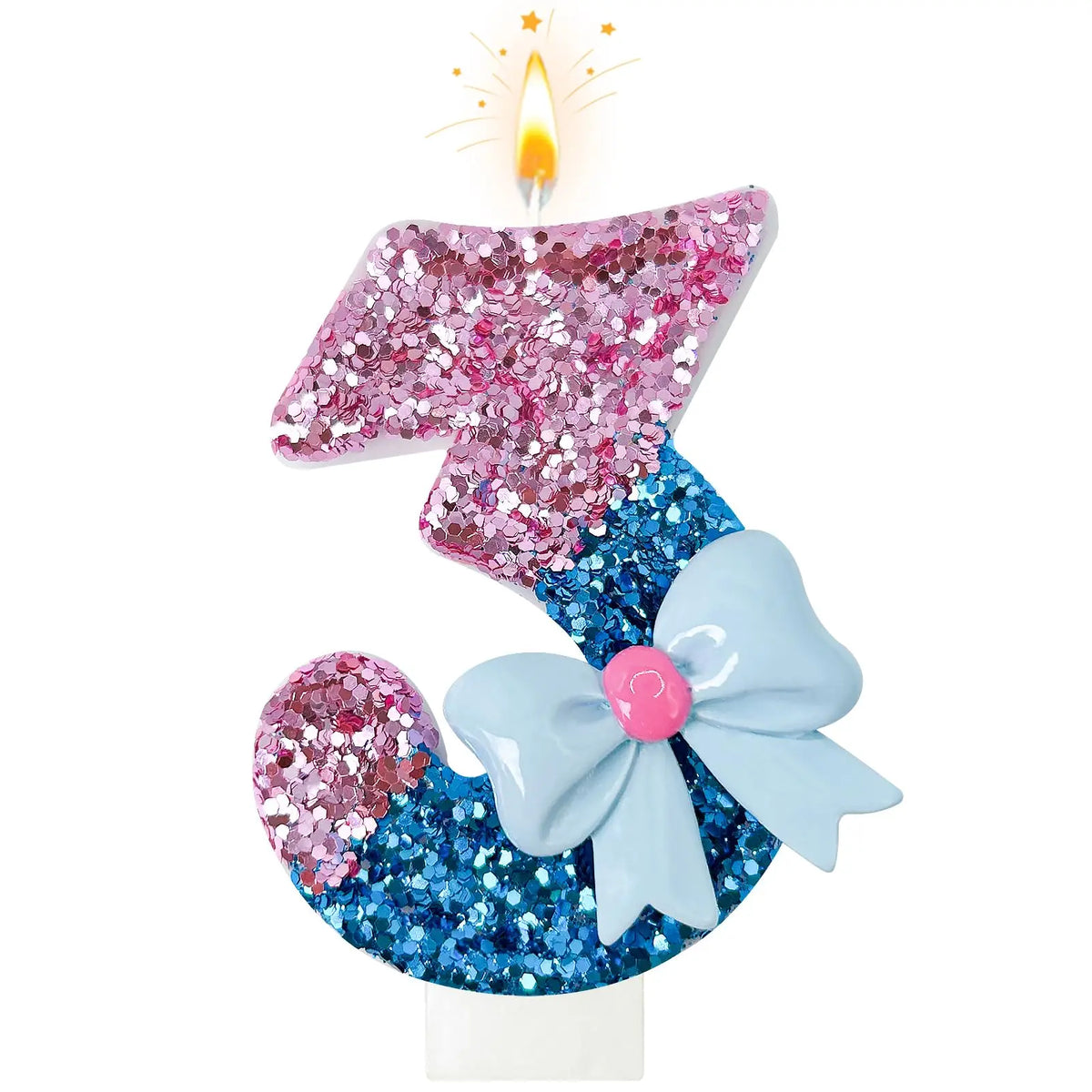 A pink glitter number candle shaped like a 1, topped with a flame and decorated with blue and purple accents.