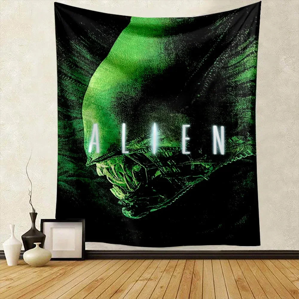 A dark tapestry featuring a green alien head silhouette against a black background.