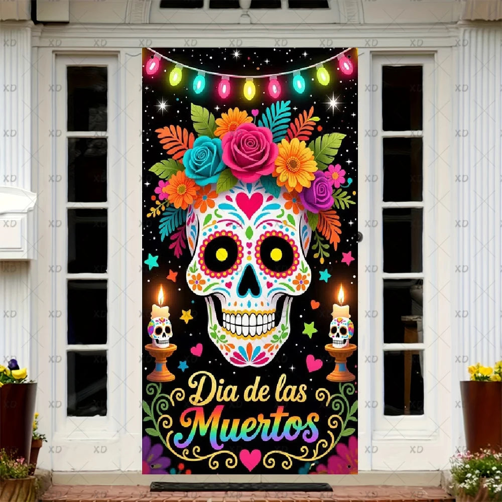 A vibrant sugar skull Dia de los Muertos design featuring colorful flowers and skulls used as a door cover.