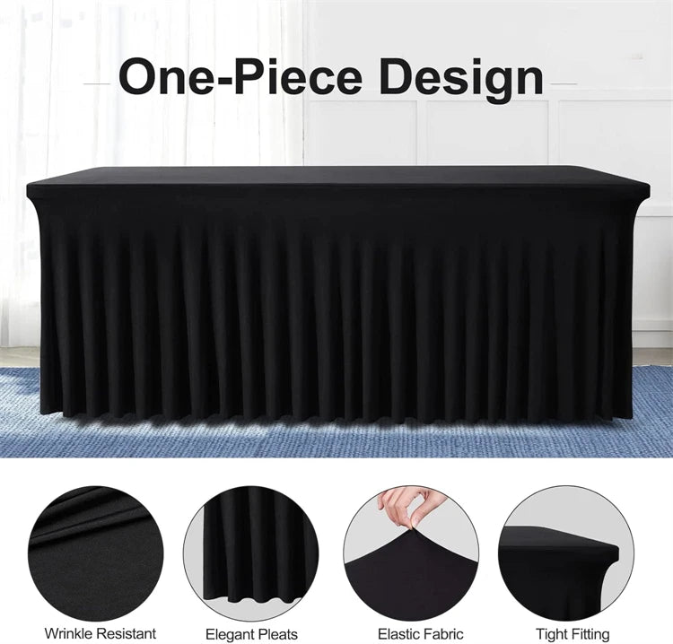 Black one-piece tablecloth featuring elegant pleats and a tight fit on a rectangular table.
