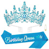 A sparkling blue rhinestone tiara crown and matching sash for a birthday queen celebration