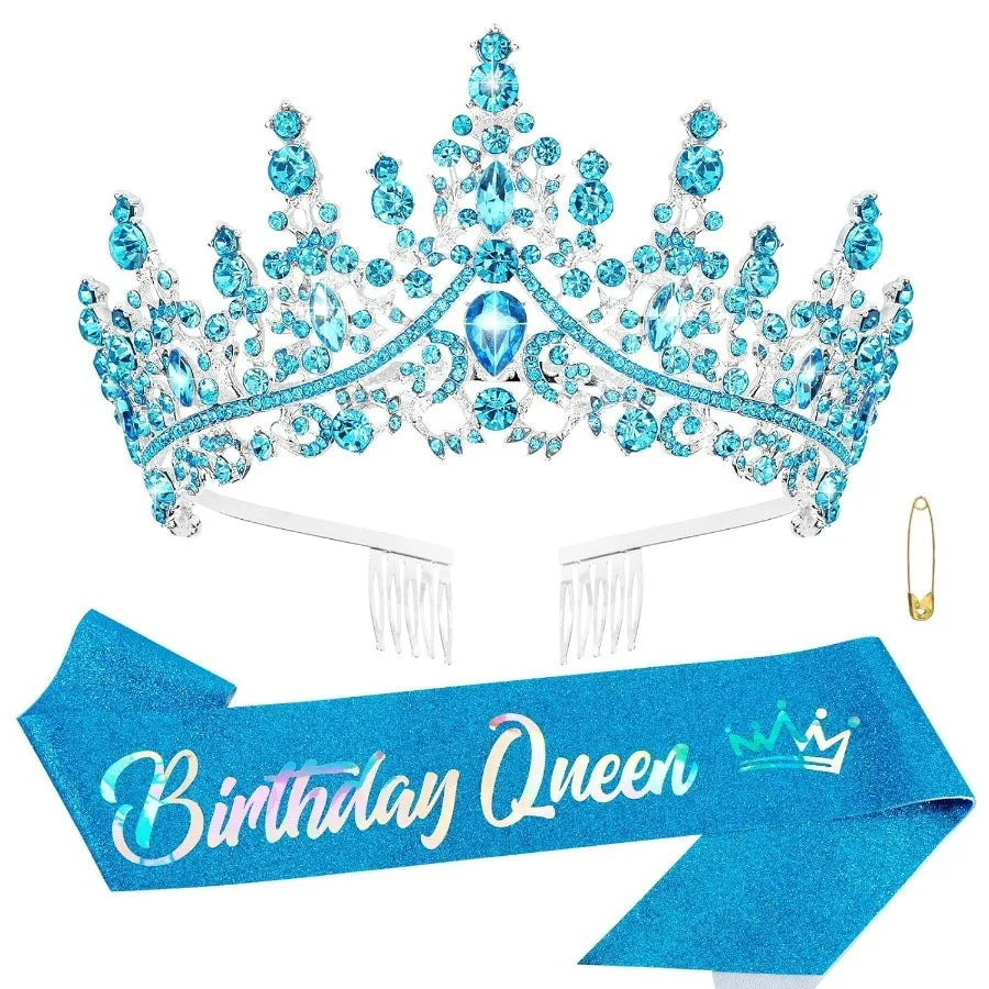 A sparkling blue rhinestone tiara crown and matching sash for a birthday queen celebration