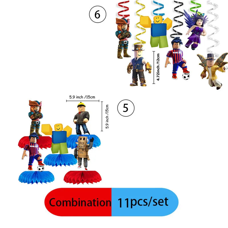 A set of six robot-themed disposable party supplies, including figures and accessories.