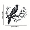 Black raven perched on a bare tree branch, presented as metal wall art.