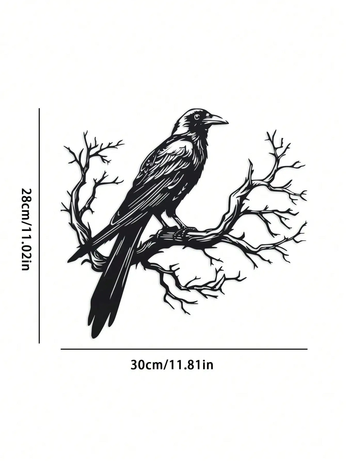 Black raven perched on a bare tree branch, presented as metal wall art.
