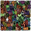 A dense collage of Halloween-themed stickers and designs featuring skulls, pumpkins, ghosts, bats, and spooky symbols.