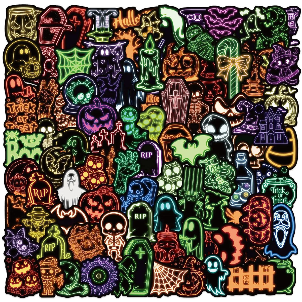 A dense collage of Halloween-themed stickers and designs featuring skulls, pumpkins, ghosts, bats, and spooky symbols.
