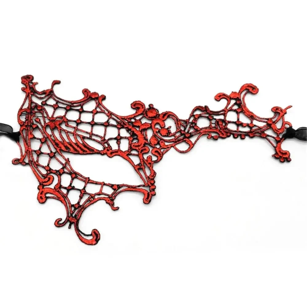 An intricate red lace masquerade mask with Hanfu-inspired detailing.