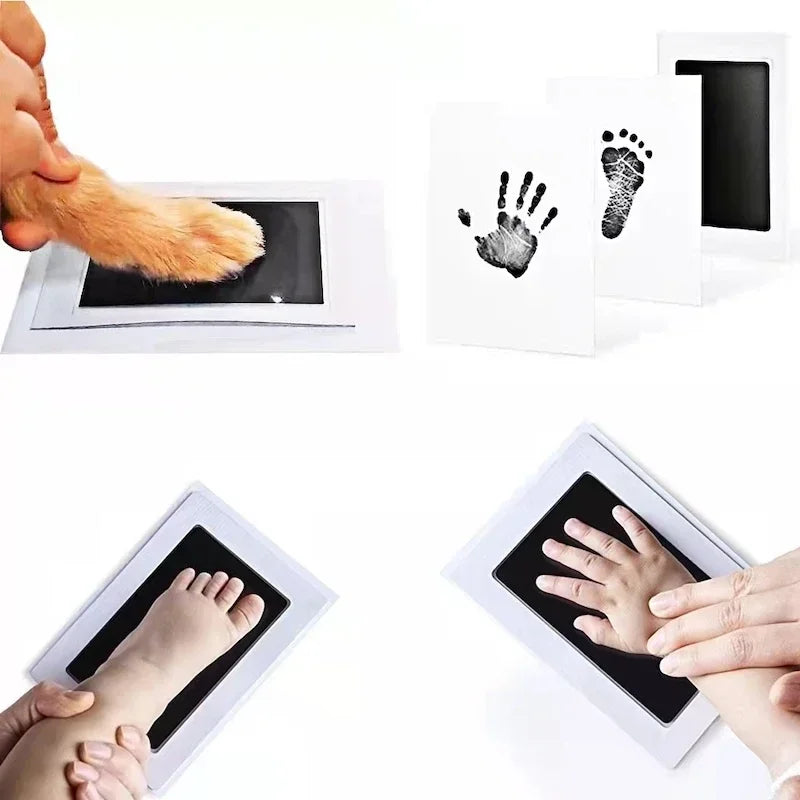 A kit showing various handprints and footprints made by a baby, including a foot print and a hand print.