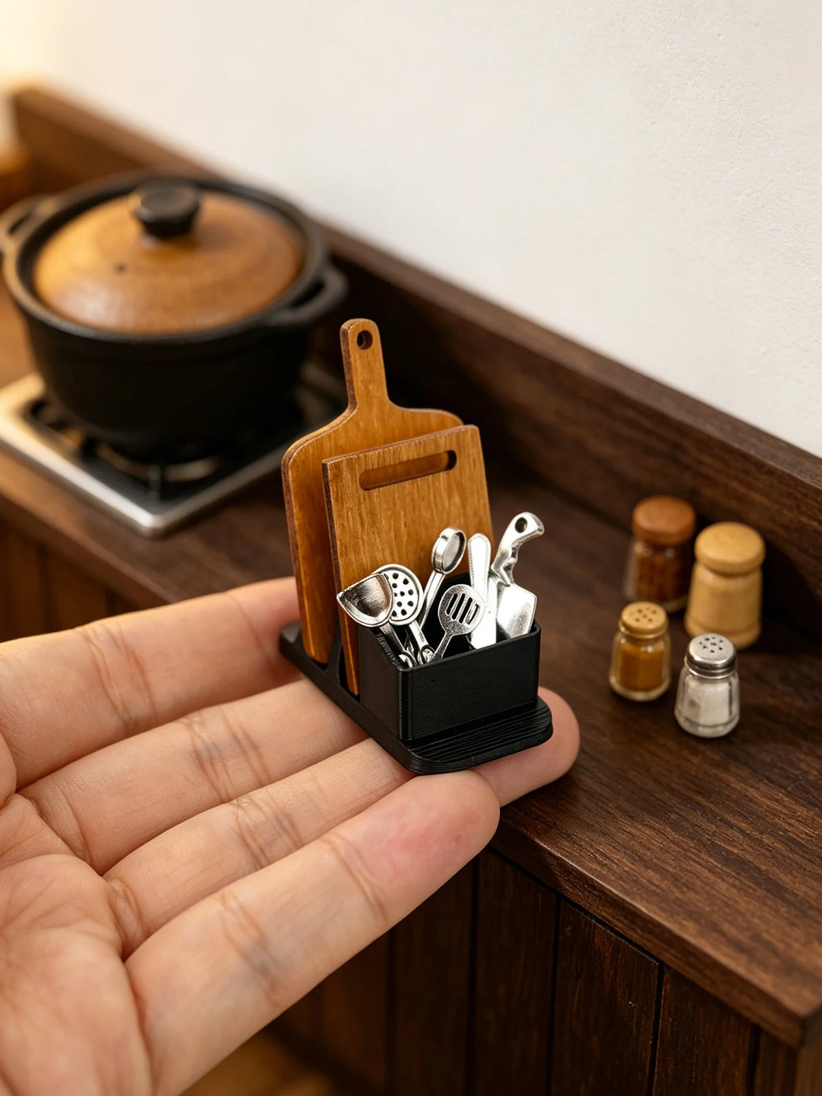 Miniature Dollhouse Kitchenware Set with Storage Rack