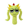 A yellow plush toy resembling a stylized sun face with pointed rays and closed eyes.