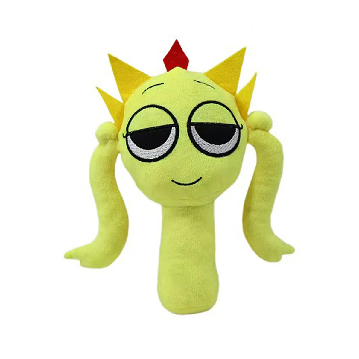 A yellow plush toy resembling a stylized sun face with pointed rays and closed eyes.