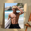 A portrait of Lamine Yamal with blond hair posing outdoors near the sea.