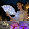 A woman holds an illuminated LED dancing hand fan, shown in various colors and angles.