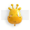 A yellow inflatable giraffe toy with smiling eyes and yellow tufts on its head.