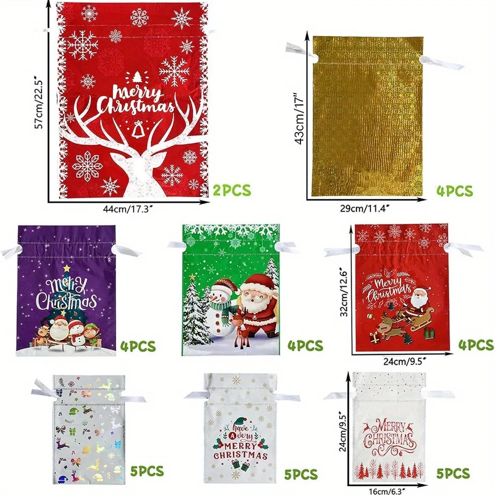 A set of six Christmas drawstring gift bags in red, gold, purple, green, and white, featuring festive holiday designs.