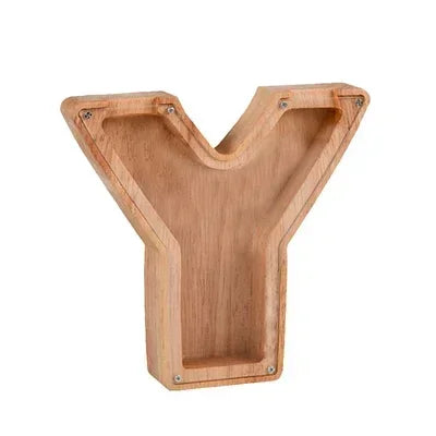 Wooden alphabet letter Y piggy bank coin box for kids in light wood color