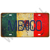 Vintage metal tin sign featuring the flag of Mexico with the word MEXICO in large blue letters on a distressed background.