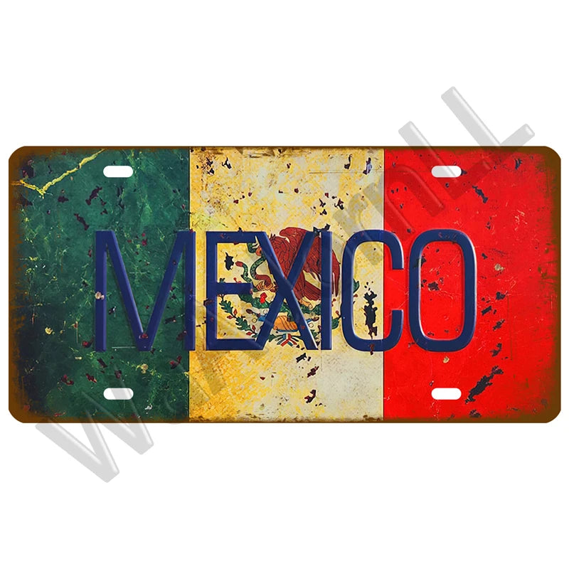 Vintage metal tin sign featuring the flag of Mexico with the word MEXICO in large blue letters on a distressed background.