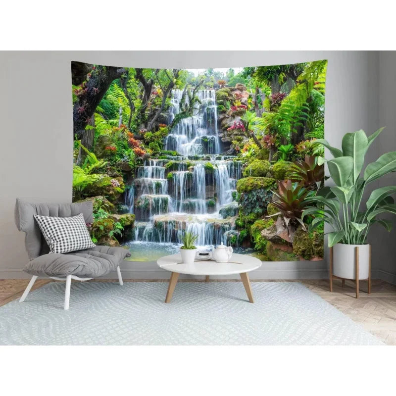 Panoramic waterfall rainforest tapestry featuring lush green foliage and cascading water as wall art